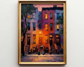 Harlem Evening Oil Painting Print, Framed Brownstone Neighborhood Wall Art, Soulful Urban Interior Artwork, Timeless Fine Art Gift
