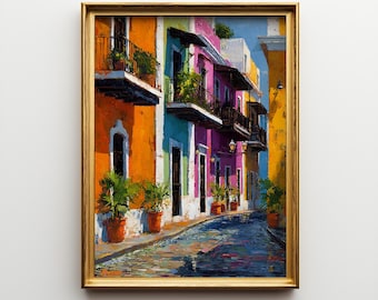 Old San Juan Wall Art Print, Puerto Rico Street Painting, Colorful Caribbean Architecture Decor, Framed Travel Art Gift
