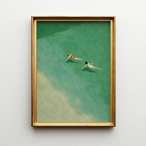 Minimal Pool Oil Painting Print, Framed Tranquil Swimmers Wall Art, Modern Green Interior Artwork, Elegant Fine Art Gift
