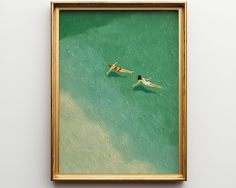 Minimal Pool Oil Painting Print, Framed Tranquil Swimmers Wall Art, Modern Green Interior Artwork, Elegant Fine Art Gift
