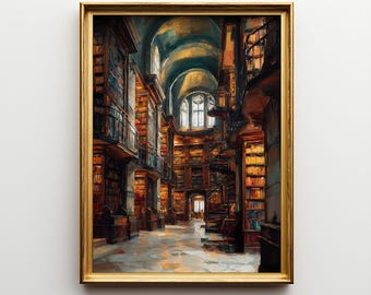 Historic Library Oil Painting Print, Grand Bookshelf Interior Wall Art, Vintage Study Decor, Knowledge Inspired Fine Art Gift