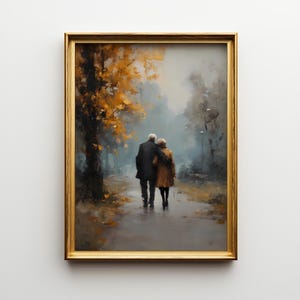 Elderly couple walking arm-in-arm oil painting print, framed romantic park wall art, soft emotional interior artwork, autumn landscape scene with golden tree, textured impasto fine art, timeless anniversary gift, gold framed wall decor.