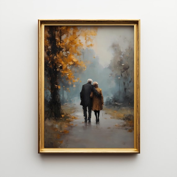 Elderly Couple Oil Painting Print, Framed Romantic Park Wall Art, Soft Emotional Interior Artwork, Timeless Fine Art Gift
