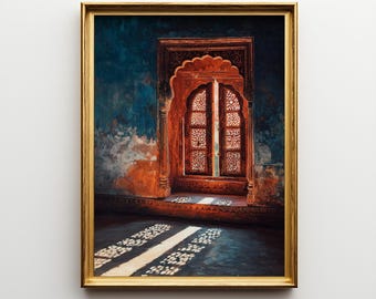 May include: A framed print of an interior scene featuring a detailed, arched window with intricate latticework. The window frame is a warm reddish-brown, set against a textured blue wall. Sunlight streams through, casting patterned shadows on the floor.