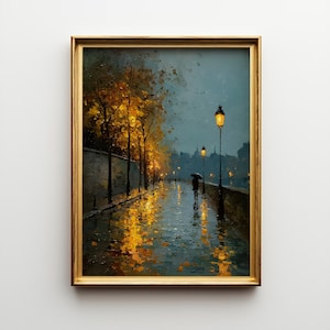 Rainy Street Oil Painting Print, Framed Romantic Cityscape Wall Art Poster, Vintage Dusk Street Scene, Timeless Fine Art Gift