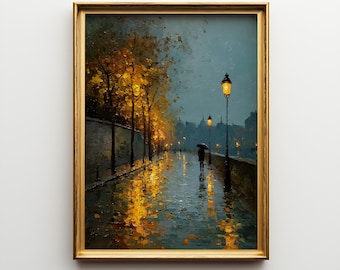 Rainy Street Oil Painting Print, Framed Romantic Cityscape Wall Art Poster, Vintage Dusk Street Scene, Timeless Fine Art Gift