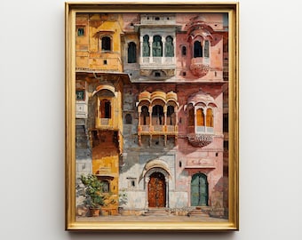May include: A framed watercolor painting of a detailed architectural scene. The artwork depicts a multi-story building with ornate balconies, windows, and doors. The color palette includes shades of yellow, pink, and green, creating a vibrant and textured aesthetic. The frame is gold.