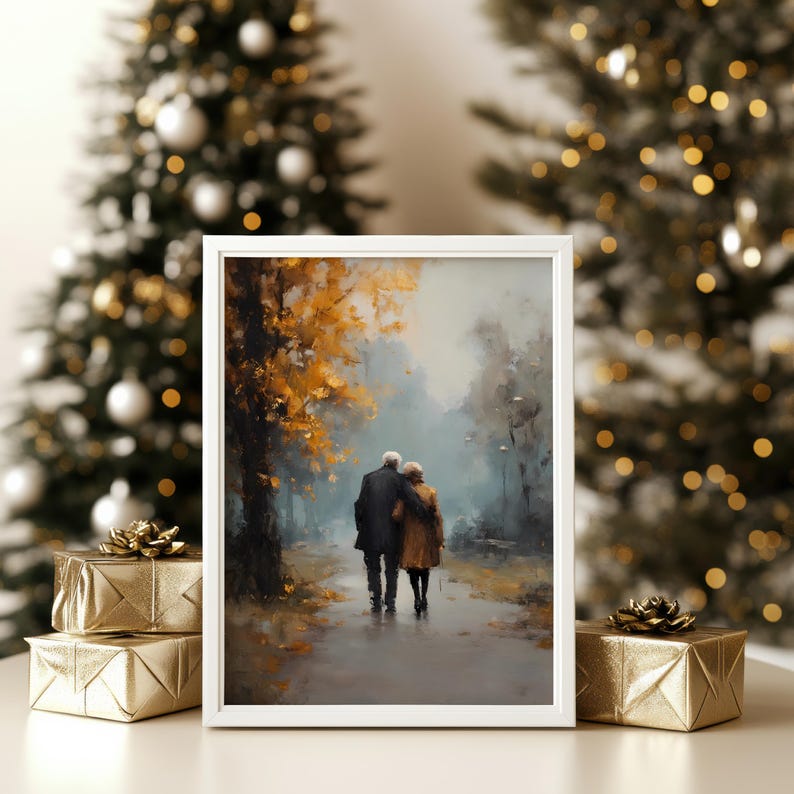 May include: A framed art print depicts an elderly couple walking on a path, surrounded by trees with autumn foliage. The artwork is in a soft, painterly style. Gold wrapped gifts and Christmas trees with lights are in the background.