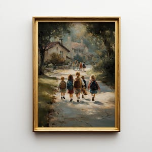 Children School Wall Art Print Poster, Framed Kids Walking Painting, Warm Family Decor Gift