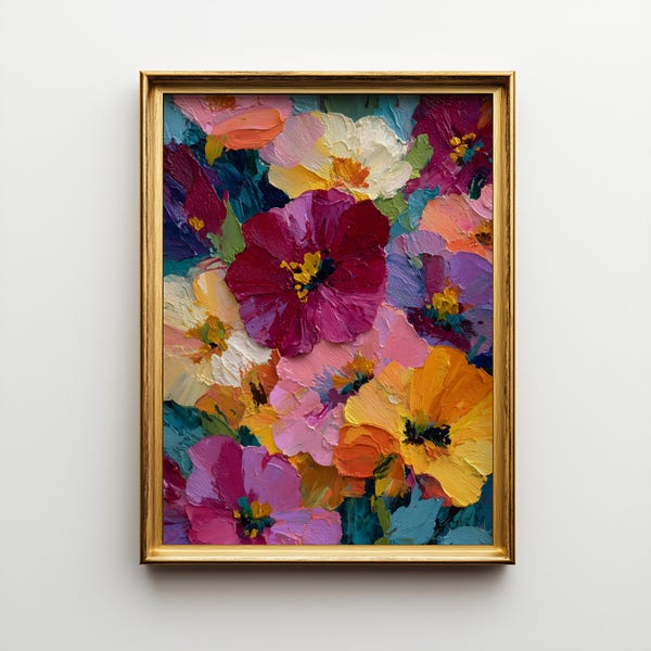 Abstrakt blommig oljemålning poster, inramad modern färgglad väggkonst, livfull texturerad blomma, modern heminredning, present till konstälskare