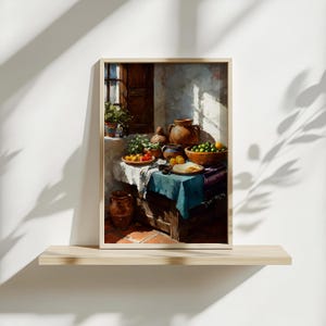 May include: A framed still life painting depicts a rustic scene with a table set with fruit, pottery, and a blue tablecloth. The artwork features a wooden window and a sunlit wall, creating a warm, inviting atmosphere. The painting is displayed on a wooden shelf.