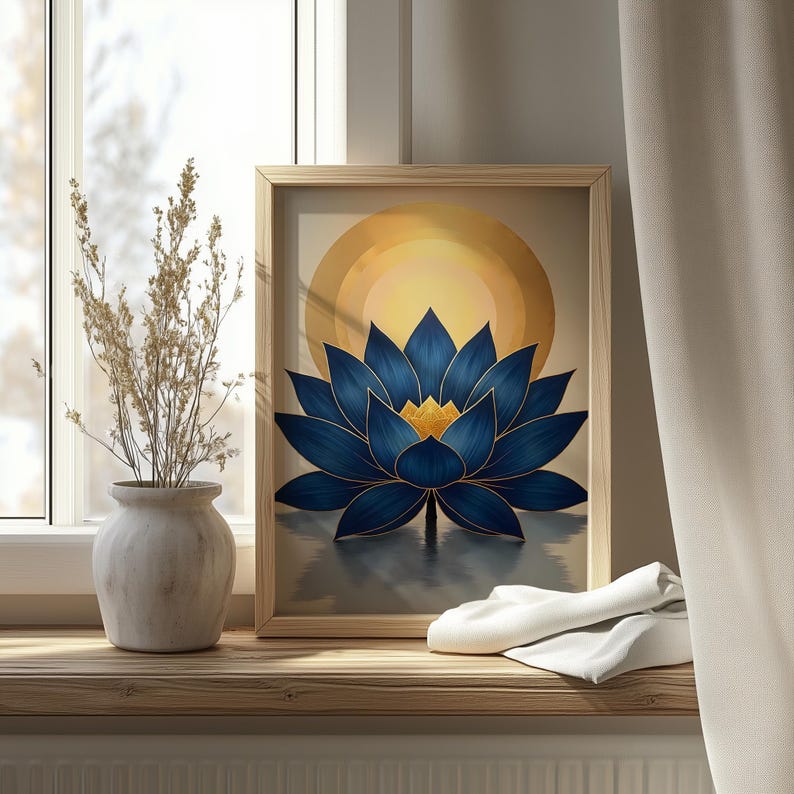 Blue Lotus Wall Art Print, Sacred Lotus Flower, Gold Mandala Zen Decor ...