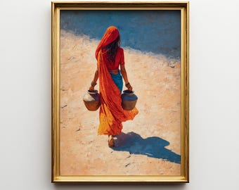 Rajasthani Woman Oil Painting Print, Desert Cultural Wall Art, Vibrant Indian Artwork, Traditional Home Decor, Gift for Art Lovers