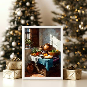 May include: A framed painting depicts a still life of a table set with food and pottery. A blue tablecloth covers the table, with bowls of fruit and tortillas. The background shows a window and a wall with sunlight. Christmas trees are in the background.