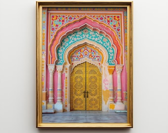 Indian Palace Doorway Oil Painting Print, Mughal Arch Framed Wall Art, Rajasthani Heritage Decor, Royal Fine Art Gift