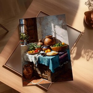 May include: An oil painting depicts a still life scene with a rustic aesthetic. A table is set with a blue tablecloth, holding a bowl of green limes, tortillas, and other food items. Brown pottery and a window with plants are also visible.
