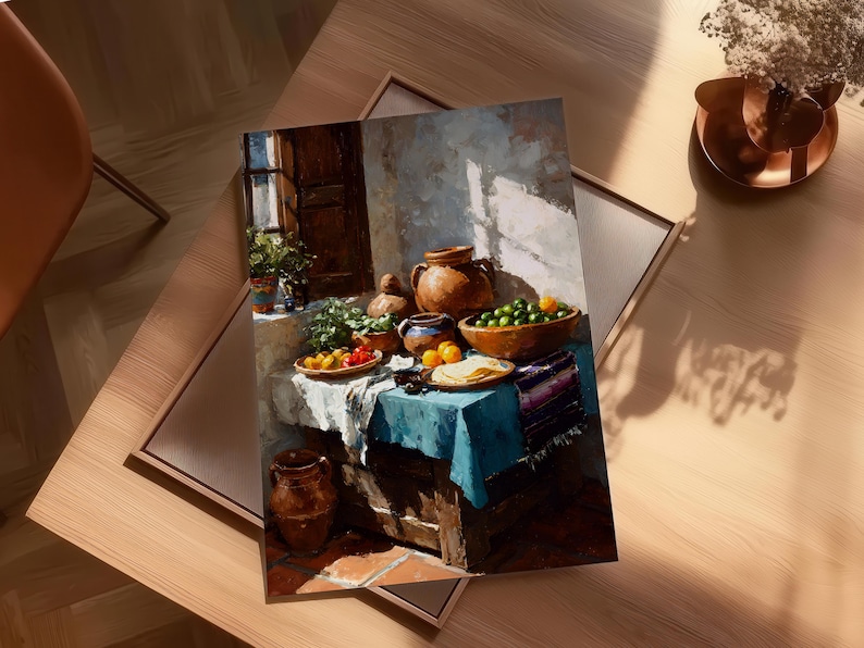 May include: An oil painting depicts a still life scene with a rustic aesthetic. A table is set with a blue tablecloth, holding a bowl of green limes, tortillas, and other food items. Brown pottery and a window with plants are also visible.