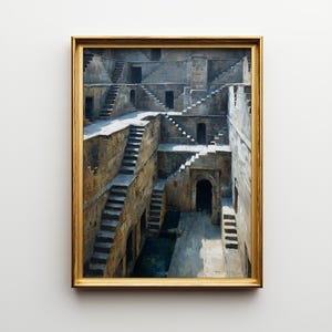 May include: An oil painting in a gold frame depicts a deep well with descending staircases. The artwork showcases a complex architectural design with multiple levels and arched doorways. The color palette consists of muted tones of gray, beige, and brown, creating a sense of depth and age.