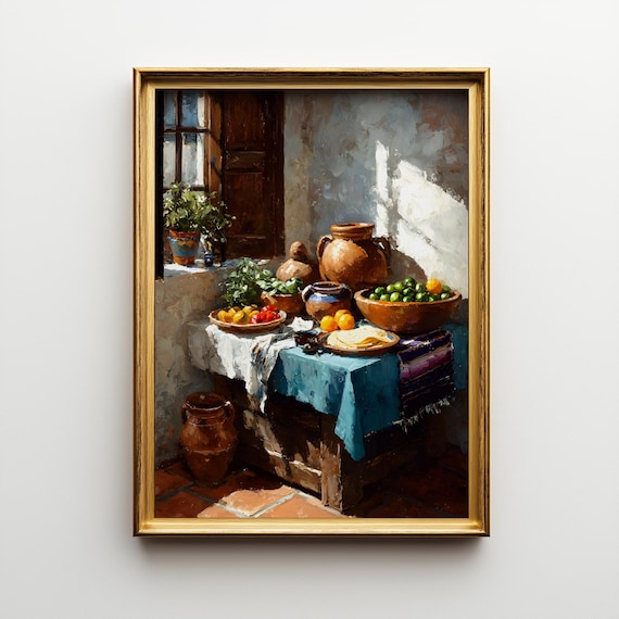 Mexican Kitchen Wall Art Print, Colorful Food Still Life Painting, Rustic Culinary Decor, Framed Art Gift