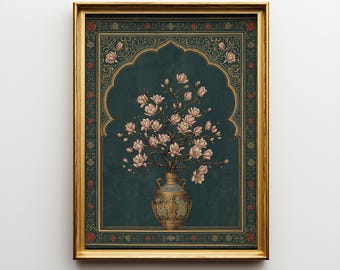 May include: A framed art print featuring a floral arrangement in a decorative vase. The artwork showcases a dark teal background with a gold arch and ornate border. The vase is gold with intricate patterns, and the flowers are a soft pink.