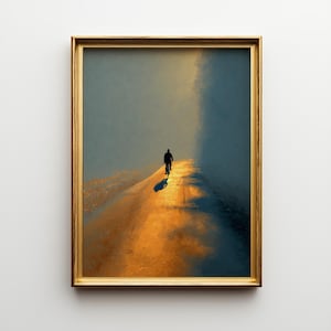 Cyclist at Sunrise Wall Art Print, Misty Morning Road Painting, Minimal Bicycle Landscape Decor, Framed Art Gift