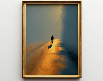 Cyclist at Sunrise Wall Art Print, Misty Morning Road Painting, Minimal Bicycle Landscape Decor, Framed Art Gift