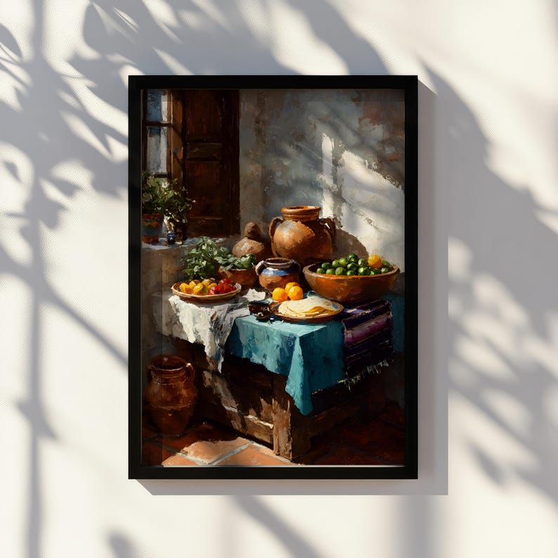May include: A framed still life painting depicting a table laden with food and pottery. The table is covered with a blue cloth and holds bowls of fruit, tortillas, and ceramic pots. The scene is illuminated by sunlight, creating shadows.