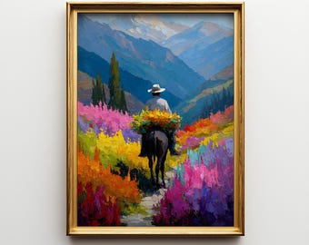 Colombian Flower Farmer Wall Art Print, Andes Mountain Oil Painting, Colorful Rural Landscape Decor, Framed Art Gift