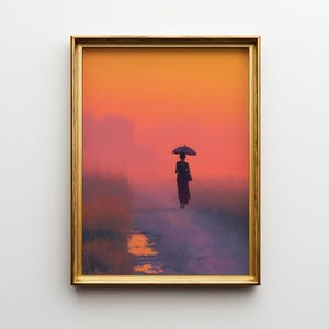 Indian Woman with Umbrella Oil Painting Print, Misty Morning Sunrise Wall Art, Peaceful Landscape Print, Home Decor Gift for Art Lovers