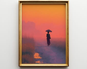 Indian Woman with Umbrella Oil Painting Print, Misty Morning Sunrise Wall Art, Peaceful Landscape Print, Home Decor Gift for Art Lovers
