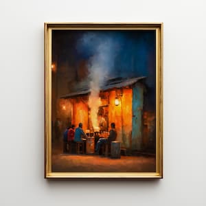 May include: A framed art print depicting a nighttime street scene. The artwork shows a small food stall with people gathered around, illuminated by warm light. The painting has a textured, painterly style with a gold frame.