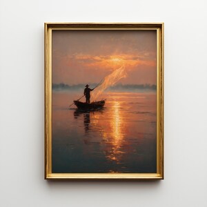 Fisherman at Dawn Oil Painting, Serene River Sunrise Wall Art, Golden Morning Landscape Print, Tranquil Nature Home Decor Gift