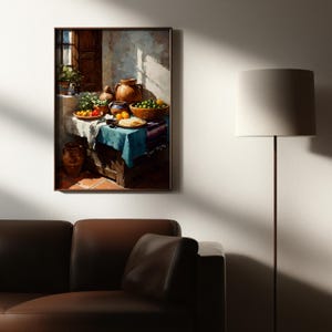 May include: A framed still life painting depicts a table laden with food and pottery. Bowls of green limes and oranges sit alongside plates of tomatoes and tortillas. A blue tablecloth and terracotta pots add color to the scene.