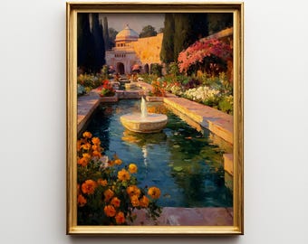 Mughal Garden Oil Painting Print, Framed Royal Indian Palace Wall Art, Floral Landscape Artwork, Elegant Heritage Decor, Luxury Gift Idea