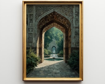 Mughal Archway Oil Painting Print, Indian Palace Garden Wall Art, Symmetrical Architecture Decor, Cultural Home Artwork Gift
