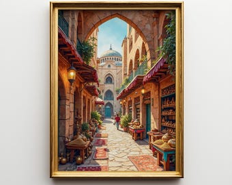 May include: A framed print of a Middle Eastern street scene. The artwork depicts a stone-paved alleyway lined with shops under red awnings. A person walks towards a domed building in the distance. The artwork is in a gold frame.