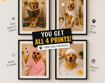 Funny Bathroom Pet Portrait Set of 4 | Custom picture from Photo bath | Personalized Dog Wall Art | Digital Pet Lover Gift Printable red