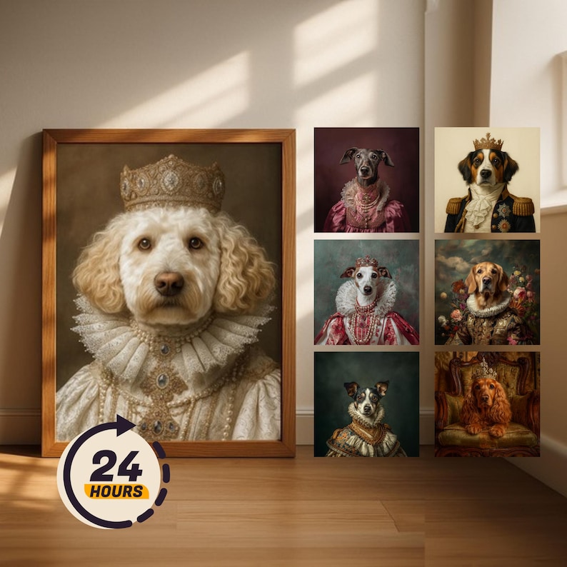 Puede incluir: Una colecci&oacute;n de retratos de perros con atuendos reales, incluyendo una imagen grande enmarcada de un perro con corona y ropa elaborada. Retratos m&aacute;s peque&ntilde;os muestran a otros perros con trajes similares. El estilo es art&iacute;stico y vintage.
