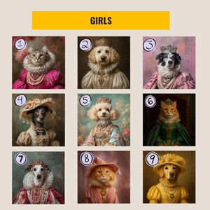 Retrato de mascota personalizado, retrato de perro renacentista de la reina y el rey a partir de una foto, diseño de arte digital con retrato de mascota real, arte de retrato imagen 8