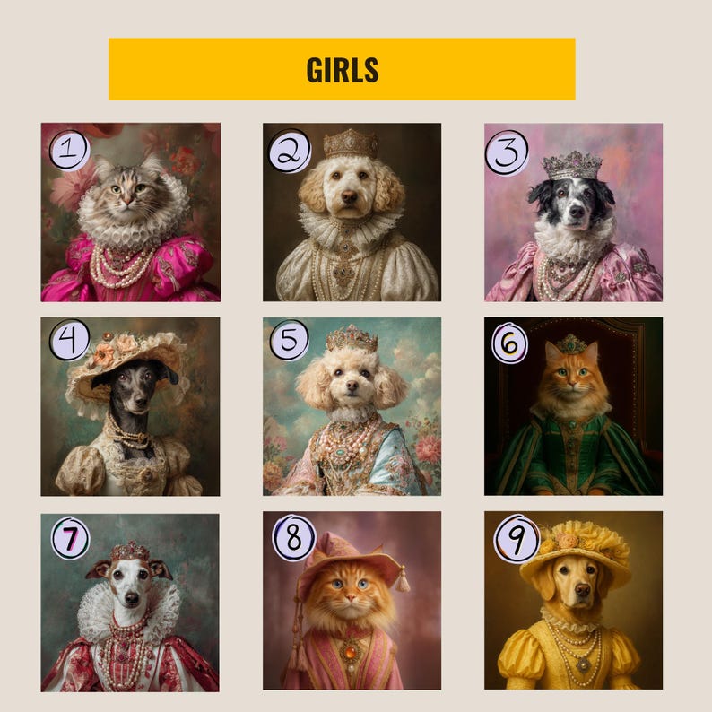 Retrato de mascota personalizado, retrato de perro renacentista de la reina y el rey a partir de una foto, diseño de arte digital con retrato de mascota real, arte de retrato imagen 8