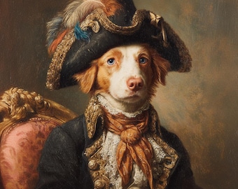 Retrato de mascota personalizado, retrato de perro renacentista de la reina y el rey a partir de una foto, diseño de arte digital con retrato de mascota real, arte de retrato