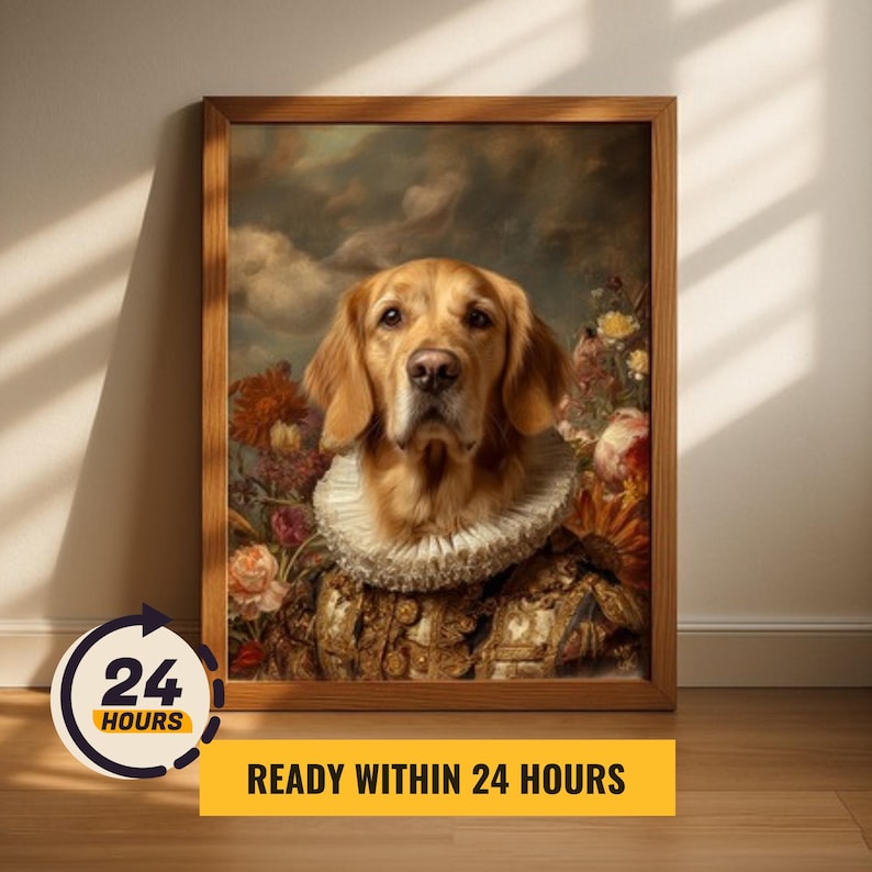 Puede incluir: Retrato enmarcado de un golden retriever vestido con atuendo renacentista, incluyendo un cuello con volantes y ropa ornamentada. El fondo presenta un arreglo floral y un cielo nublado. El texto en la imagen dice "READY WITHIN 24 HOURS".