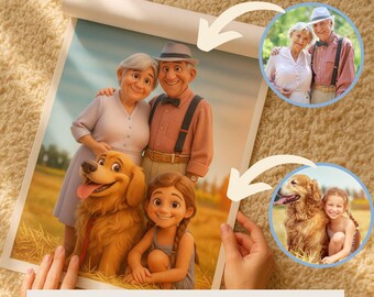 Fusionar fotos / Combinar imágenes / Retrato de dibujos animados personalizado / Avatar de estilo animado en 3D / Familia, Arte de regalo de cumpleaños de Navidad