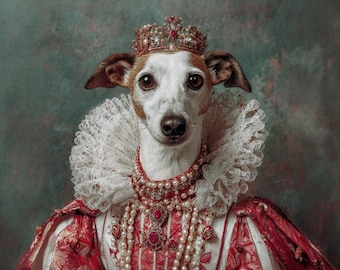 Retrato de perro de la reina real a partir de una foto / Pintura divertida de retrato de mascota personalizada / Rey renacentista / Diseño de arte digital de retratos / Arte de retratos