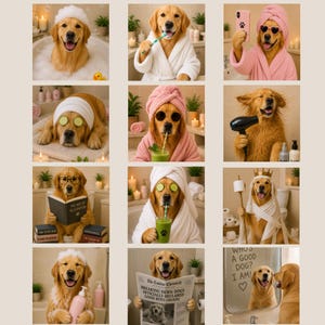 Pode incluir: Uma colagem de doze imagens apresentando um golden retriever em vários cenários de spa e rotina diária, incluindo banho com bolhas, uso de roupão, secador de cabelo, leitura de um livro e leitura de um jornal.