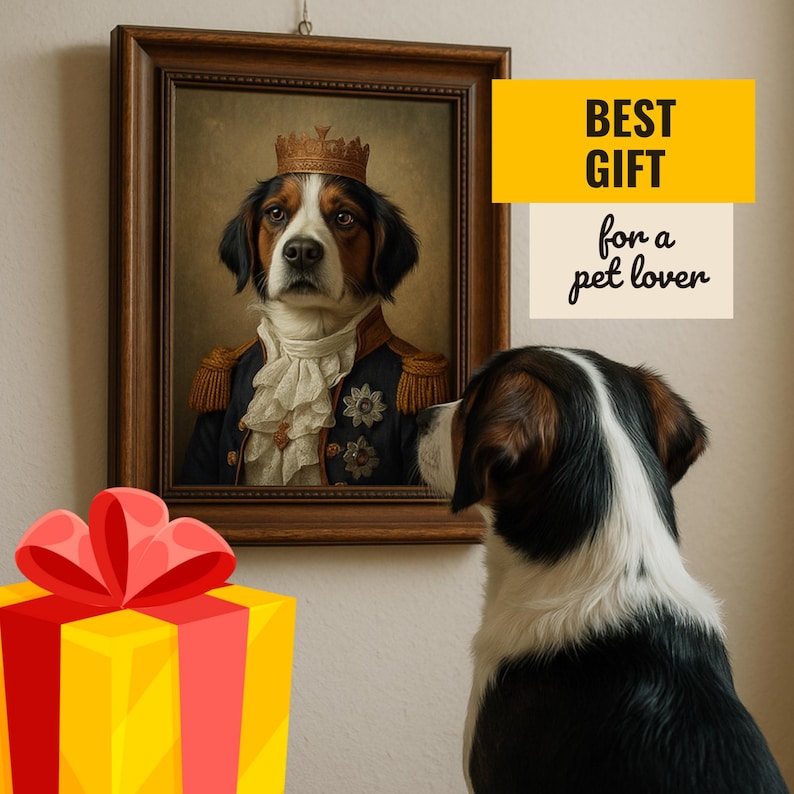 Puede incluir: Un retrato enmarcado de un perro con corona y chaqueta militar. Se muestra el texto "BEST GIFT for a pet lover". Un perro real est&aacute; mirando el retrato. Una caja de regalo amarilla y roja est&aacute; en primer plano.