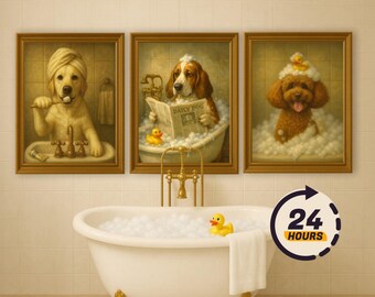 Retrato divertido de perro en el baño / Retrato personalizado de mascota, ilustración de dibujos animados a partir de una foto / Arte de mascotas / Regalo único para amantes de los perros