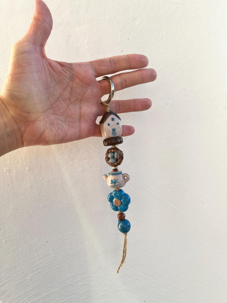 Handmade Cottage Keychain With Nest & Blue Flowers – Polymer Clay Charm ...