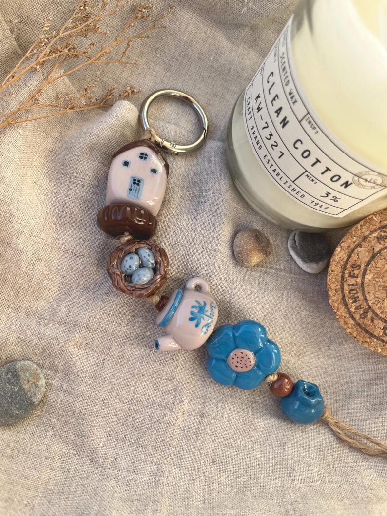 Handmade Cottage Keychain With Nest & Blue Flowers – Polymer Clay Charm ...