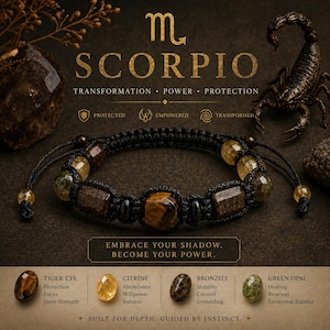 Op de afbeelding: Een Scorpio-armband met tijgeroog-, citrien- en groene opaal kralen. De zwarte macrame armband heeft een centrale tijgeroogsteen en andere edelstenen. De afbeelding bevat tekst over transformatie en kracht, en het Schorpioen-symbool.